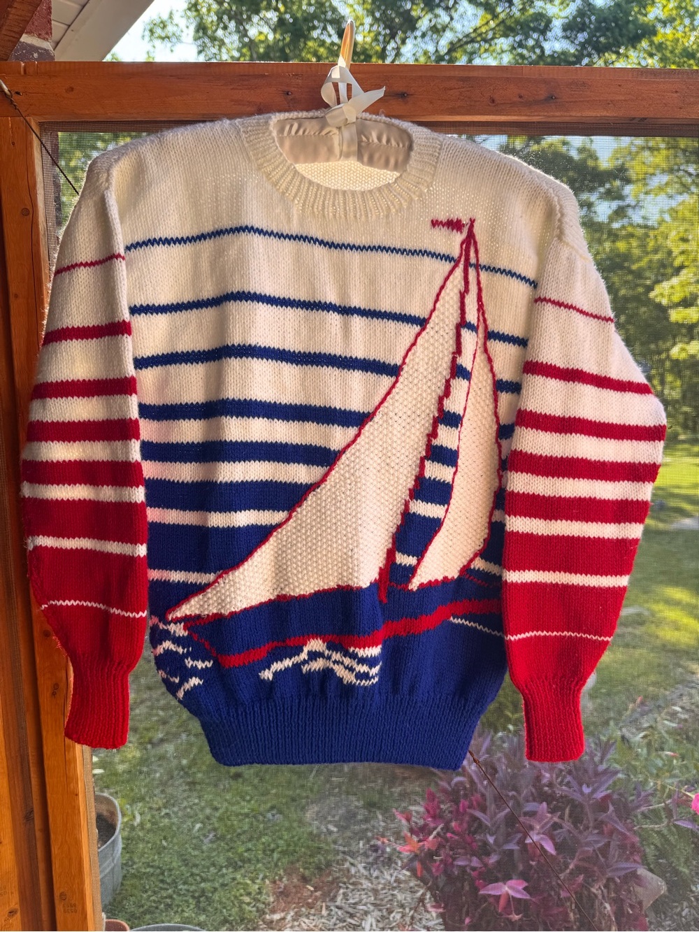 Nautical Sailboat Striped Knit Sweater - White/Blue/Red